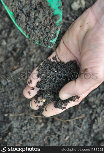closeup on soil in gardener hand