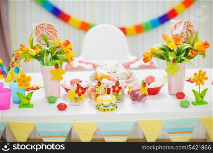 Closeup on table decorated for children&rsquo;s celebration party