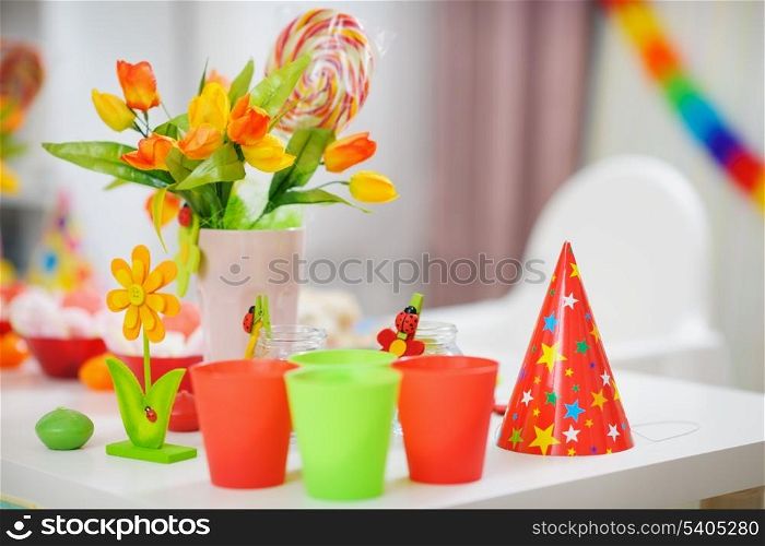 Closeup on table decorated for children&rsquo;s party