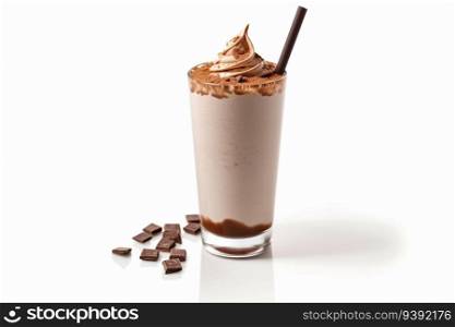 Closeup on the chocolate milkshake and chocolate pieces isolated on white background, generative ai