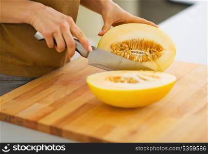 Closeup on woman cutting melon