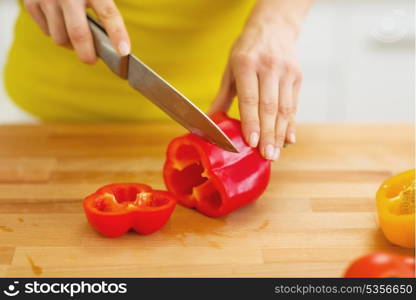 Closeup on woman cutting red bell pepper