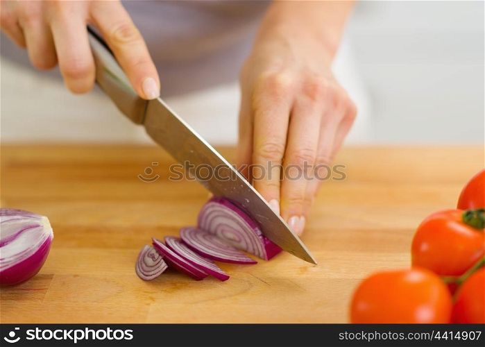 Closeup on woman cutting red onion