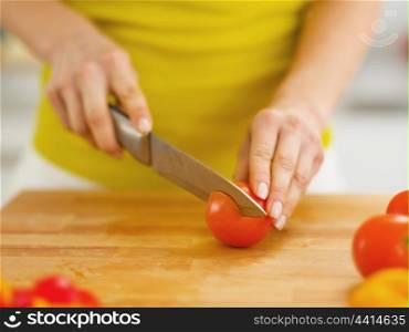 Closeup on woman cutting tomato on cutting board