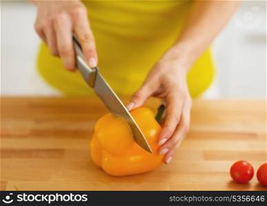 Closeup on woman cutting yellow bell pepper