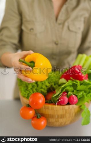 Closeup on woman with plate of fresh vegetables
