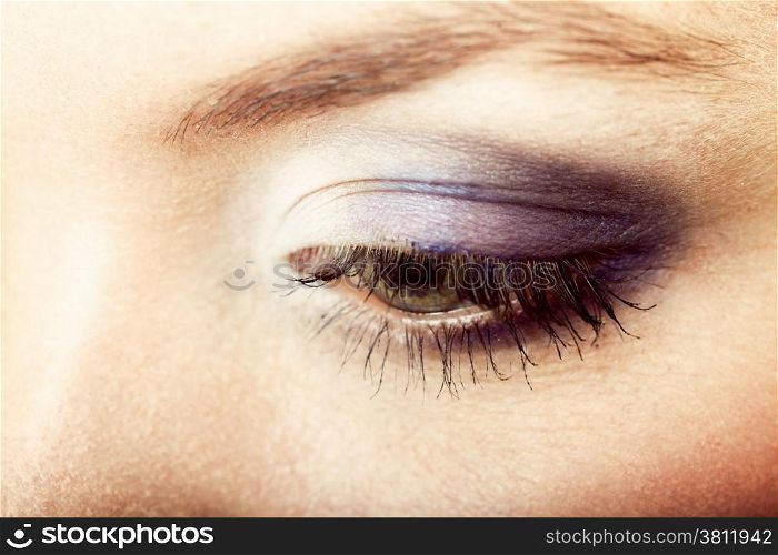 Closeup part of face beautiful female eye with blue violet make-up visage, applying makeup on eyes