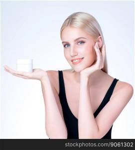 Closeup personable beautiful perfect natural cosmetic makeup skin woman holding mockup jar moisturizer cream for healthy skincare treatment, anti-aging product advertisement in isolated background.. Closeup personable perfect skin woman holding mockup moisturizer jar.