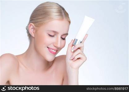 Closeup personable beautiful perfect natural skin woman hold mockup tube moisturizer cream for skincare treatment product advertising expressive facial and gesture expression in isolated background.. Closeup personable perfect skin woman holding mockup moisturizer product.