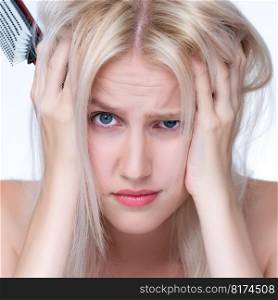 Closeup personable beauty fresh clean skin woman having dry hair problem. Frustrated facial expression concept of damaged hair loss for sh&oo ads in copyspace isolated background.. Closeup personable woman with cosmetic skin having dry hair loss problem.