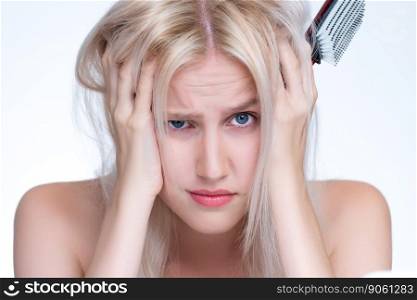 Closeup personable beauty fresh clean skin woman having dry hair problem. Frustrated facial expression concept of damaged hair loss for sh&oo ads in copyspace isolated background.. Closeup personable woman with cosmetic skin having dry hair loss problem.
