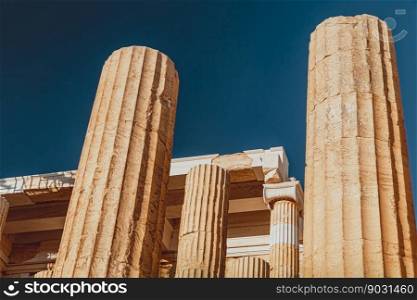 Closeup Photo of a Beautiful Vintage Architecture Columns over Blue Sky Background. Parthenon Temple in Athens. Greece. Europe.. Beautiful Parthenon Columns of Greece