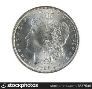 Closeup photo of a Morgan Silver Dollar, obverse side, isolated on white