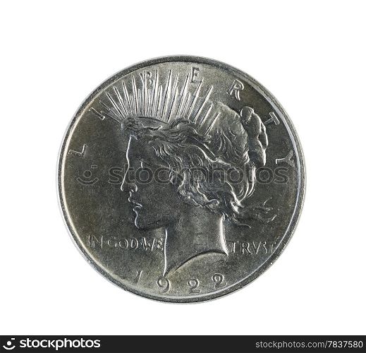 Closeup photo of a Peace Silver Dollar, obverse side, isolated on white