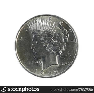 Closeup photo of a Peace Silver Dollar, obverse side, isolated on white