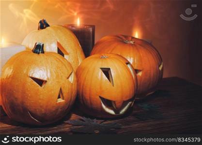 Closeup Photo of a Scary Carved Pumpkins in Mild Candle Lights. Jack-o-lanterns Decoration with Dry Maple Leaves. Traditional Halloween Decor.. Halloween Jack-o-lantern Decor