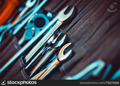 Closeup photo of a set of tools for repair, collection of a different spanners, good tooling for the handyman, best gift for men&rsquo;s day