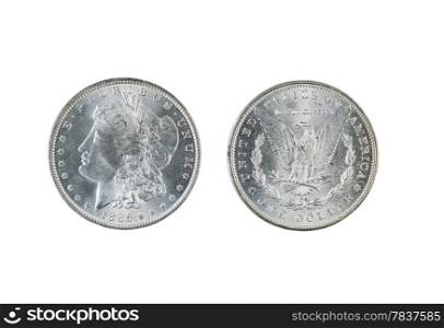 Closeup photo of a Two Morgan Silver Dollars, obverse and reverse sides, isolated on white