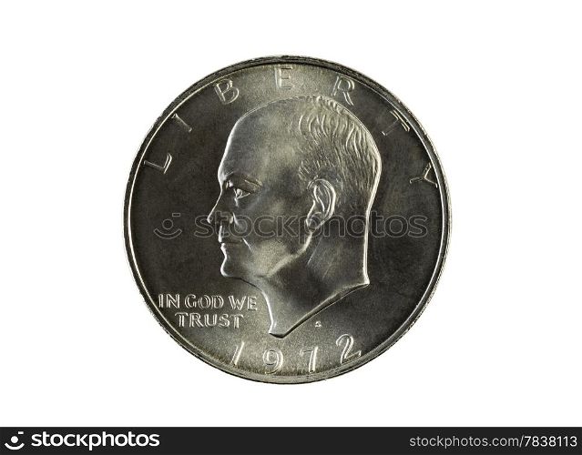 Closeup photo of an Eisenhower Silver Dollar, obverse side, isolated on white