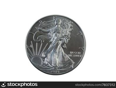 Closeup photo of an uncirculated condition American Silver Eagle Dollar isolated on white