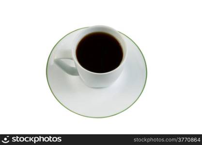 Closeup photo of black coffee, in small cup, with saucer underneath isolated on white