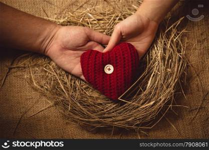 Closeup photo of couple in love holding knitted heart at nest