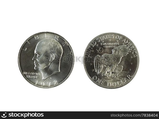 Closeup photo of Eisenhower Silver Dollars, obverse and reverse sides, isolated on white