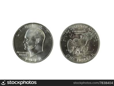 Closeup photo of Eisenhower Silver Dollars, obverse and reverse sides, isolated on white