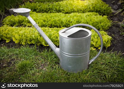 Closeup photo of galvanized watering can on garden bed at sunny day