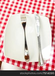 Closeup photo of metal fork and knife lying on white plate at checkered red cloth