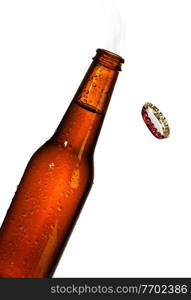 Closeup photo of open bottle of beer covered with condensate drops, isolated on white background, refreshing booze drink, image with a copy space