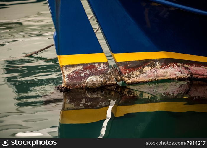 Closeup photo of painted old boat prow at sea