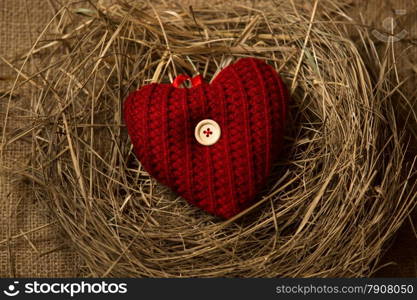 Closeup photo of red knitted heart lying in birds nest