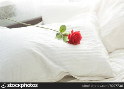 Closeup photo of red rose lying on white pillow at bed