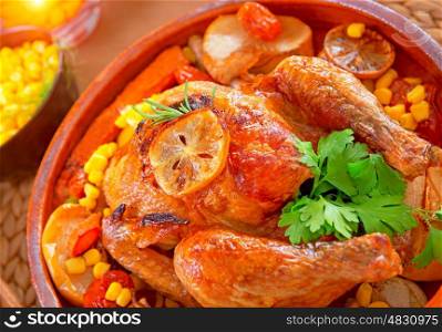 Closeup photo of tasty baked Thanksgiving turkey with fresh green parsley, delicious food for traditional autumn holiday, healthy eating concept