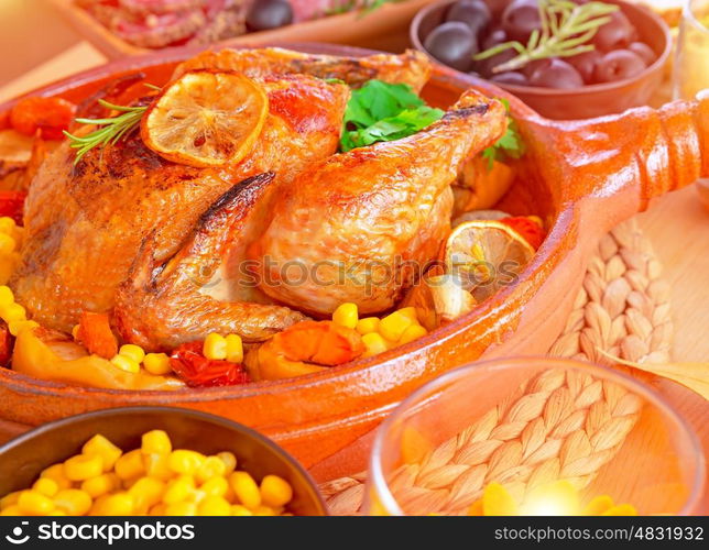 Closeup photo of tasty baked Thanksgiving turkey with fresh green parsley, delicious traditional food for autumn holiday, healthy eating concept