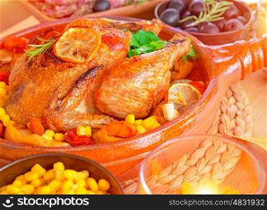 Closeup photo of tasty baked Thanksgiving turkey with fresh green parsley, delicious traditional food for autumn holiday, healthy eating concept