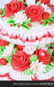 Closeup photo of the red wedding cake