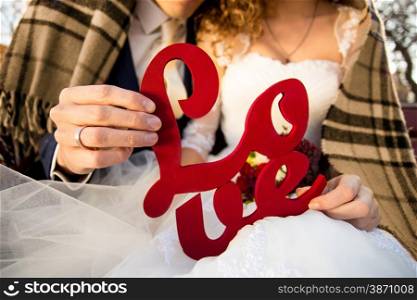 Closeup photo of young bride and groom holding Love sign in hands
