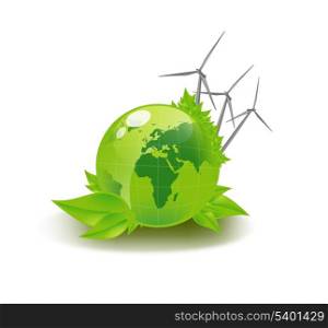closeup picture of green globe and wind turbines