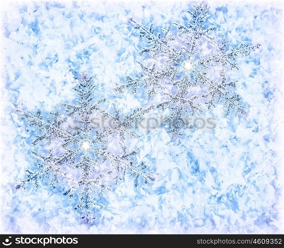 Closeup picture of snowflake background, blue frosty backdrop, white crystal stars, New Year holiday greeting card, Merry Christmas, shiny silver snowflakes wallpaper, cold frosty weather
