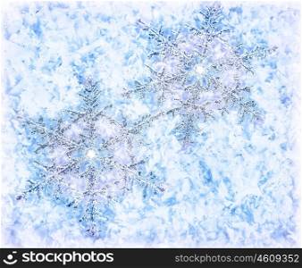 Closeup picture of snowflake background, blue frosty backdrop, white crystal stars, New Year holiday greeting card, Merry Christmas, shiny silver snowflakes wallpaper, cold frosty weather