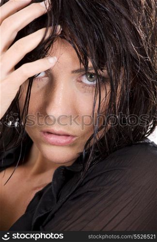 closeup picture of wet brunette girl face