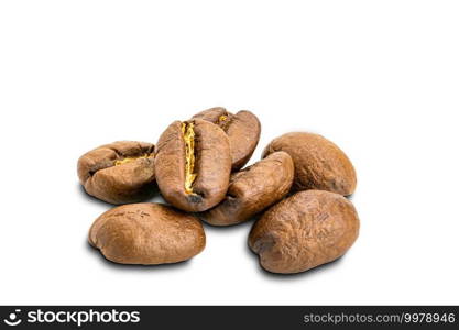 Closeup pile of coffee beans on white background with clipping path.