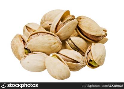 Closeup pistachios over white background, isolated
