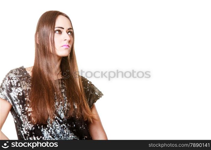 Closeup portrait attractive woman dark eyes makeup, brunette long hair girl in sequin glossy dress isolated on white background