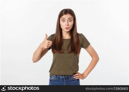 Closeup portrait of a beautiful young woman showing thumbs up sign. Isolate over white background. Closeup portrait of a beautiful young woman showing thumbs up sign. Isolate over white background.