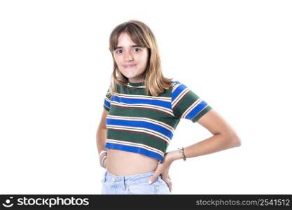 Closeup portrait of a beautiful young woman with hands on waist over white background.