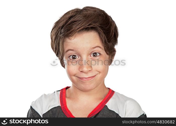 Closeup portrait of a cute happy boy isolated on white background, nice friendly teen posing in the studio