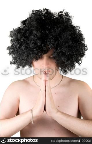 Closeup portrait of a frizzy prayer young man on a white background